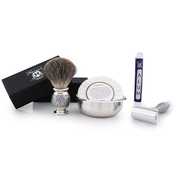 Haryali London Shaving Kit – 5 Pc Shaving Kit – Double Edge Safety Razor - Synthetic Hair Shaving Brush – Shaving Soap – Shaving Bowl – Alum - Antique Silver Color Shaving Set