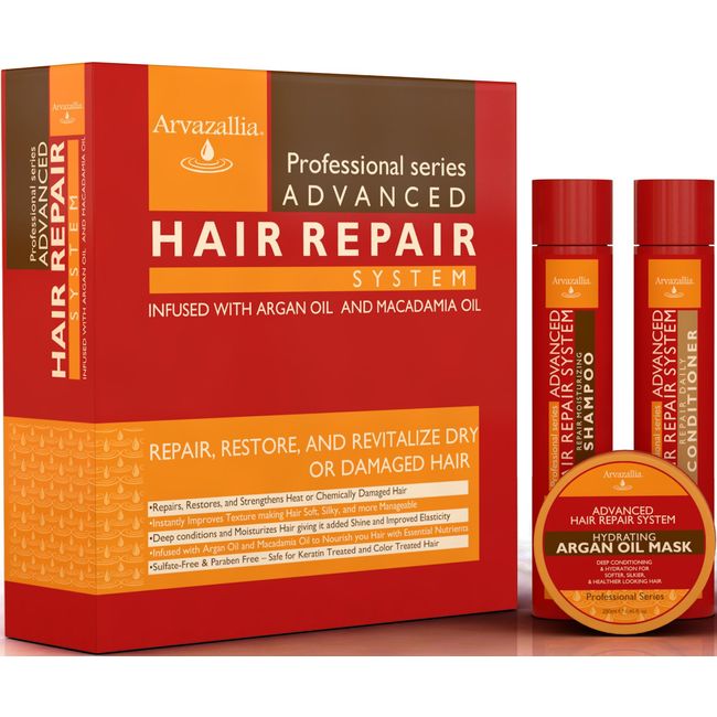 Advanced Hair Repair Shampoo and Conditioner Set with Argan Oil and Macadamia Oil by Arvazallia - Sulfate Free Shampoo, Conditioner, and Deep Conditioner Hair Mask System for Dry or Damaged Hair