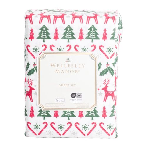 Wellesley Manor Winter Christmas Sheet Set (Trees, Reindeer & Candy Canes, Queen)