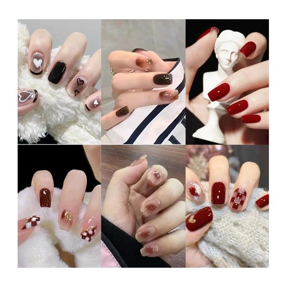 6 Packs(144Pcs) Salon Acrylic Press On Nails, Glossy Glitter Color Gradient Stick on Nails short, Square Shape,6 bottles of Glue,1 Prep Pad,1 Jelly Adhesive Tape,1 Manicure Stick,1 Mini File, Red