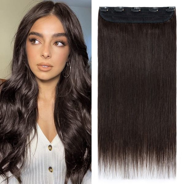 Brown Hair Extensions Clip in Hair ExtensionHuman Hair One Piece Real Remy Thick 3/4 Full Head (#02 Dark Brown, 8"-60g)