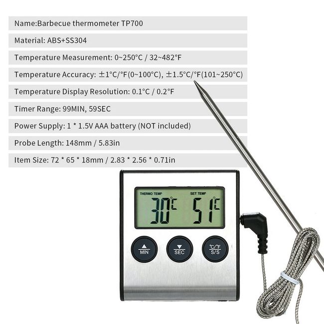 Tp700 Digital Remote Wireless Food Kitchen Oven Thermometer Probe For BBQ  Grill Oven Meat Timer Temperature Manually Set