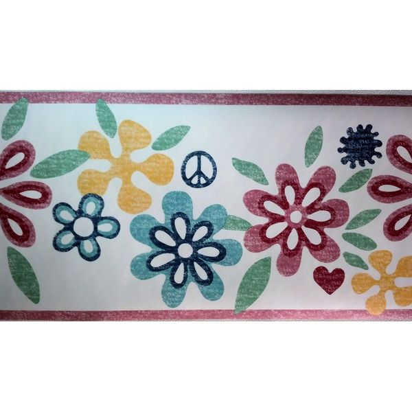 Pink Flowers Peace Sign Wallpaper Border TR105860