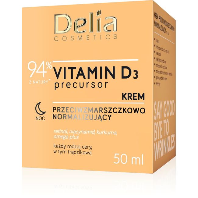 Delia Cosmetics - Vitamin D3 Vorläufer - Anti-Falten Normalisierende Nachtcreme - Alle Hauttypen – Akne Haut - Feuchtigkeitsspendend - Faltenbekämpfung - Coenzym Q10 - Niacinamid - Retinol - 50ml