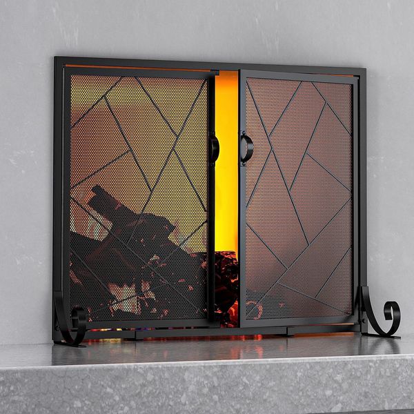 Fireplace Screen Hinged Doors Cast Iron Border Steel Frame Metal Spark Guard