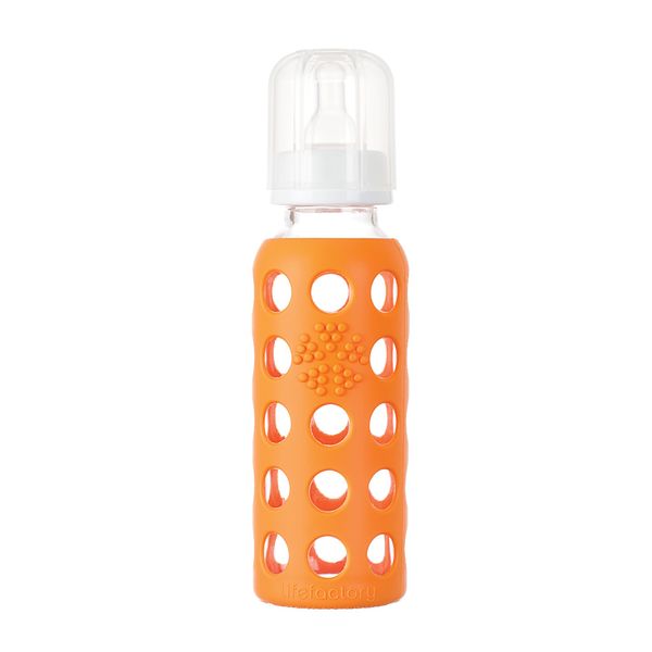 Lifefactory 9-Ounce BPA-Free Glass Baby Bottle with Protective Silicone Sleeve and Stage 2 Nipple, Papaya