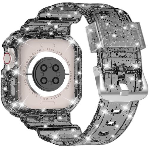 XYF Compatible for Crystal Clear Apple Watch Bands, 46mm Series 10 Bumper Case for Men Women Jelly Sport Cover Strap for iWatch Ultra 2/1 Series 10 9 8 7 SE 6 5 4 3 2 1 (Glitter Black, 46)