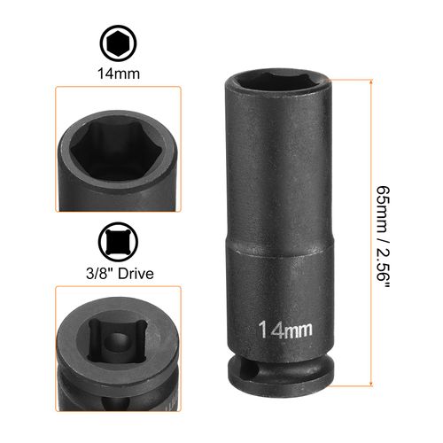 HARFINGTON Deep Impact Socket 3/8" Square Drive by 14mm Metric 6 Point Socket 65mm (2.56") Long CR-MO Steel Industrial Grade Flip Socket for Home Auto Hex Nuts Bolts Repair, Black