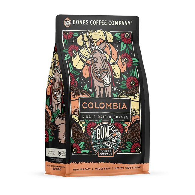 Bones Coffee Company Colombia Single-Origin Flavored Whole Coffee Beans New Packaging | 12 oz Medium Roast Low Acid Coffee | Coffee Gifts & Beverages (Whole Bean)