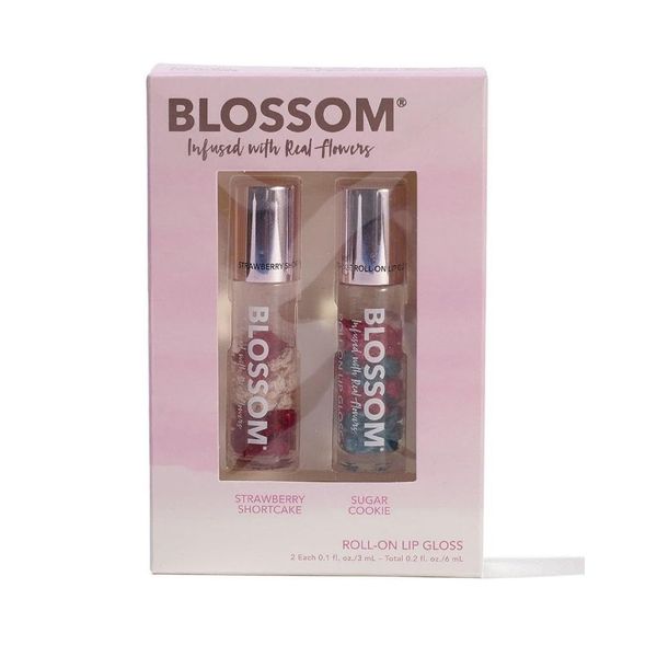 Blossom Scented Roll on Lip Gloss, Infused with Real Flowers, Made in USA, 2 pack Mini Gift Set, Strawberry, Sugar Cookie, High Glossy, Hydrating, Long Lasting Shine