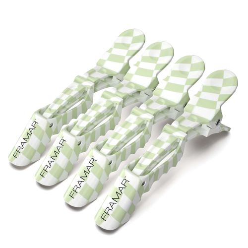 FRAMAR Checkered Hair Clip Set - Alligator Clips For Hair Styling, Hair Styling Clips Sectioning, Barber Hair Clips, Barber Supplies, Green Hair Clips For Women Styling, Salon Hair Clips – 4 Pack
