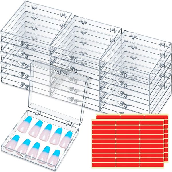 Landhoow 30 Pcs Press on Nail Storage Box with 60 Pcs Adhesive Double Sided Tape Artificial Nail Display Storage Box Acrylic Nail Box Organizer Case Transparent Nail Packaging Boxes for Nail Salon