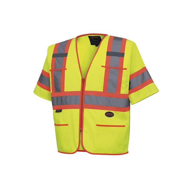 Pioneer Hi Vis Tricot Sleeved Safety Vest - High Visibility Reflective Tape - 4 Pockets - Yellow/Green - for Men & Women