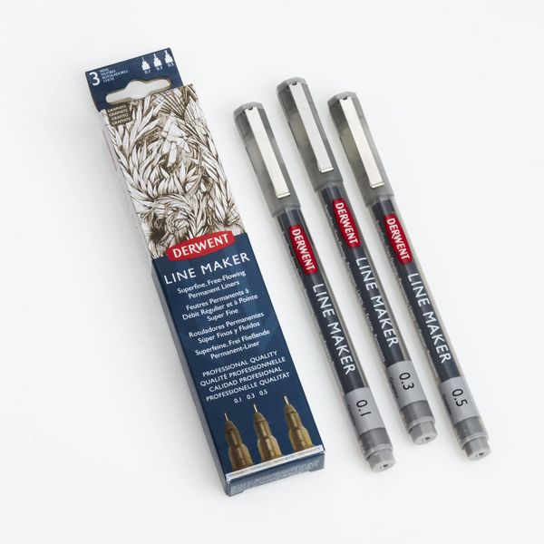 Derwent Graphite Line Maker Pens Set of 3 Fineliner Pens Assorted Tip Thicknesses Quick Dry Ink for Sketching, Writing, Illustrating, Professional Quality, 2305562