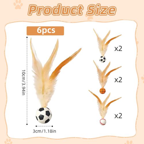Cat Bouncy Ball Toy, 6PCS With Feather Cat Toys, For Indoor Cats Entertainment Interaction Bounced Balled Toyed Mini Soccer Basketball And Baseball Interactive Bouncing Balling For Pet Gift