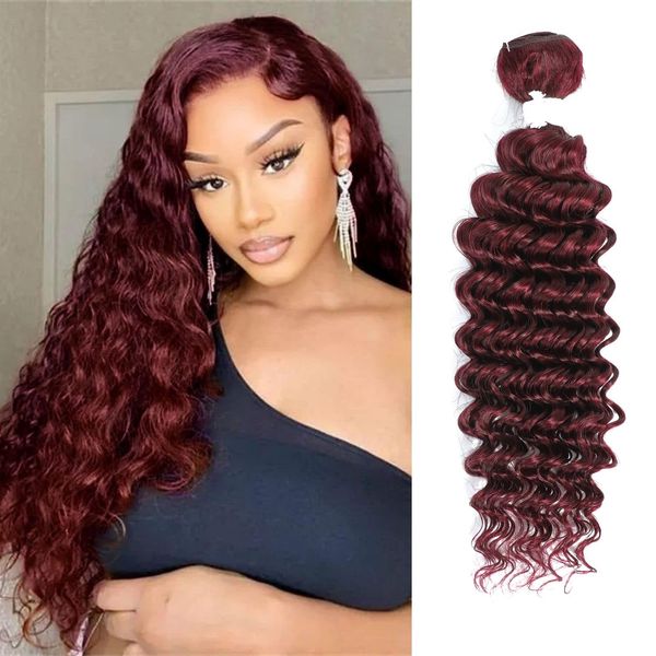 REMY HAIR Human Hair Bundles Red Deep Wave Bundles Colored #99j Burgundy Deep Weave One Bundle 16 Inch Brazilian Virgin Human Hair Extensions for Black White Women