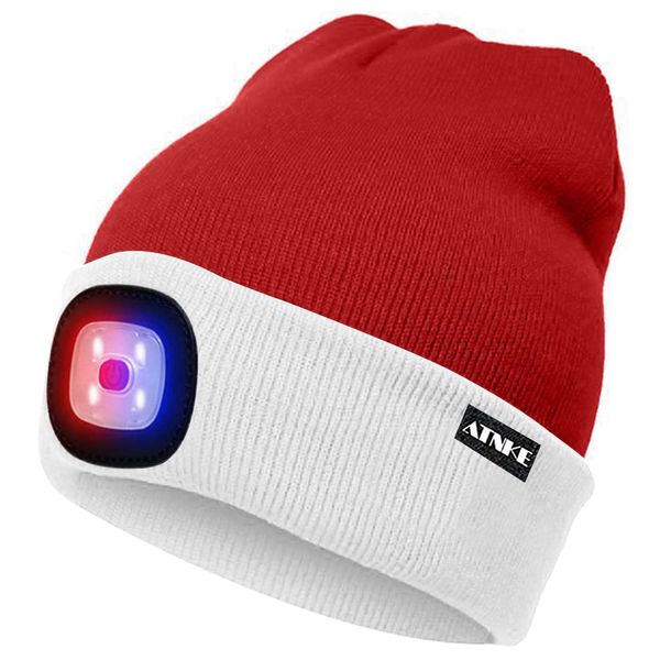 ATNKE LED Lighted Beanie Cap,USB Rechargeable 4 LED Red and Blue Glow Flashing Running Headlamp Hat Winter Warm Gifts for Men and Women/White/Red Christmas