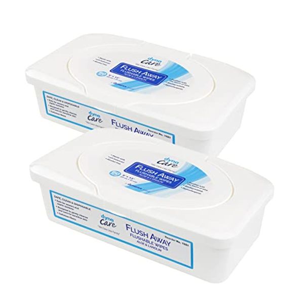 Dynarex DynaCare Flushable Wipes, Wet Bathroom Hygiene Wipes for Adults, Alcohol Free, Safe for Sewers and Septic Systems, 9” x 13” wipes, 2 Tubs of 60-Count Wipes, Dynarex Flushable Wipes