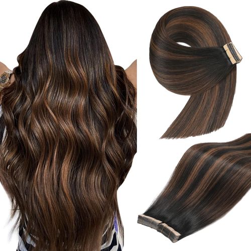 YDDM Tape-In Real Hair Extensions, 20 Pieces, 55 cm, 50 g, Natural Black with Chestnut Brown, Invisible Tape Extensions, Real Hair Extensions (22 Inches, 1B/1B/6)