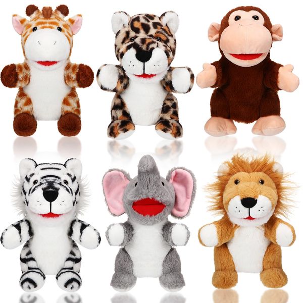 Lenwen 6 Pcs Christmas Hand Puppets for Kids with Working Mouth 10 Inches Plush Animal Hand Puppets Bulk Toddler Animal Plush Toys for Adults Halloween Xmas Birthday Party Favors Gifts(Forest Animal)