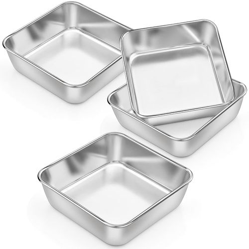 P&P CHEF Square Baking Cake Pans, Small Stainless Steel Lasagna Brownie Pan For Birthday Cake Bread Pie, Non-toxic & Durable, Smooth Rim & Leakproof, Oven & Dishwasher Safe, 6 Inch & 4 Pcs