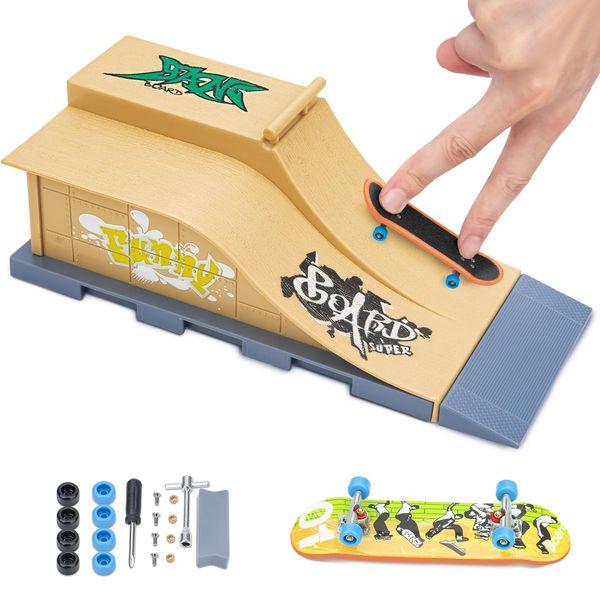 HMEEN Finger Skateboards Ramp Set, Fingerboard Skatepark Deck with Ramps, Fingerboard Half Pipe Ramp for Kids Adults Fingerboard Training Props Interactive Freestyle Skate Game - E