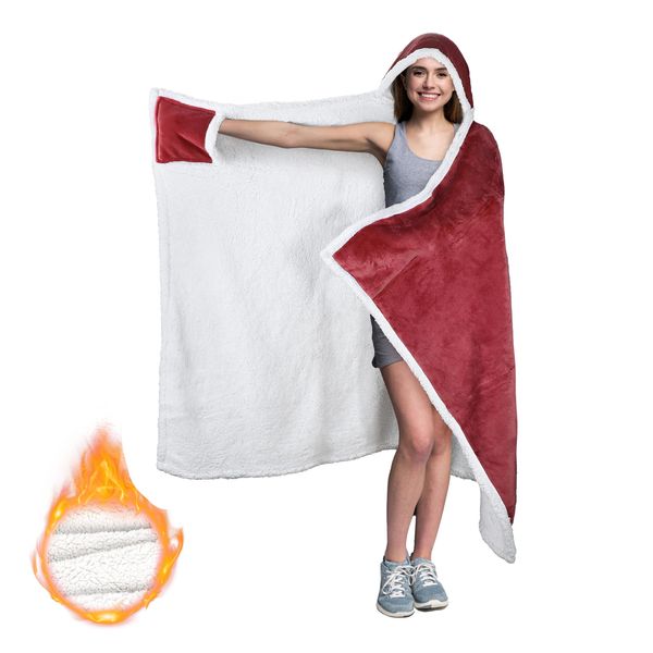 Catalonia Classic Wearable Hooded Blanket, Warm Cozy Soft Poncho Blanket Wrap, Fleece Cuddle Throw Cape with Hand Pocket, Gifts for Women Father Mom
