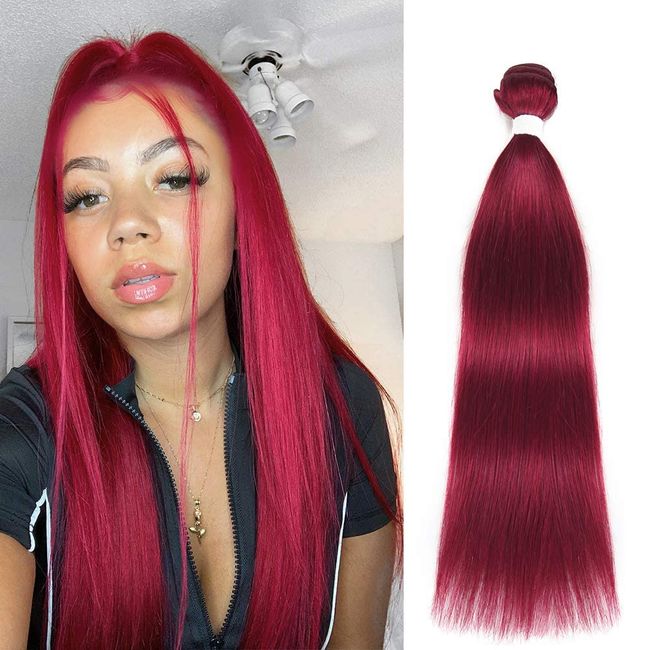 X-tress Burgundy Red Straight Brazilian Remy Hair Bundle Hair Weave Human Hair Extension 100% Virgin Human Hair Weave (16 Inch)