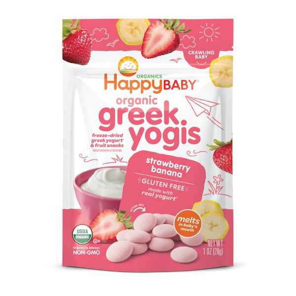 Happy Baby Organics Baby Snacks, Greek Yogis, Freeze Dried Yogurt & Fruit Snacks, Gluten Free Snack for Babies 9+ Months, Strawberry & Banana, 1 Ounce