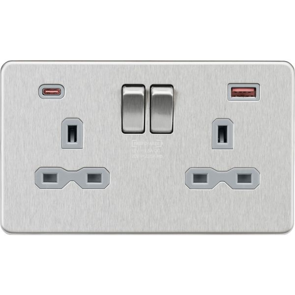 Knightsbridge 13A 2G DP Switched Socket with Dual USB A+C [45W FASTCHARGE] - Brushed Chrome with grey insert