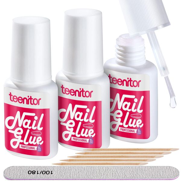 Teenitor Nail Glue Extra Strong, 3pcs Brush on Nail Glue for Broken Nails, Strong Nail Glue for Acrylic Tips with Nail File, False Nail Glue for Press on Nails