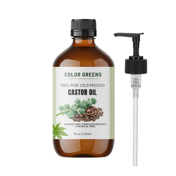 Colorgreens Rich & Pure Castor Oil 16oz—Empower Your Beauty Routine: Deep-moisturizing body Oil, Face Oil, Hair Oil for curly, Wavy, or Straight Hair, Lashes, Eyebrows, and dry Skin Massage Oil.