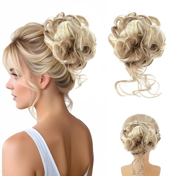 COMNICO Messy Bun Hair Piece Blonde Fake Wavy Curly Ponytail Hair Extensions Scrunchies Fashion Fluffy Long Beard Chignons Hairpiece Thick Updo Elastic Rubber Band Hairpieces for Women Simulation Wig