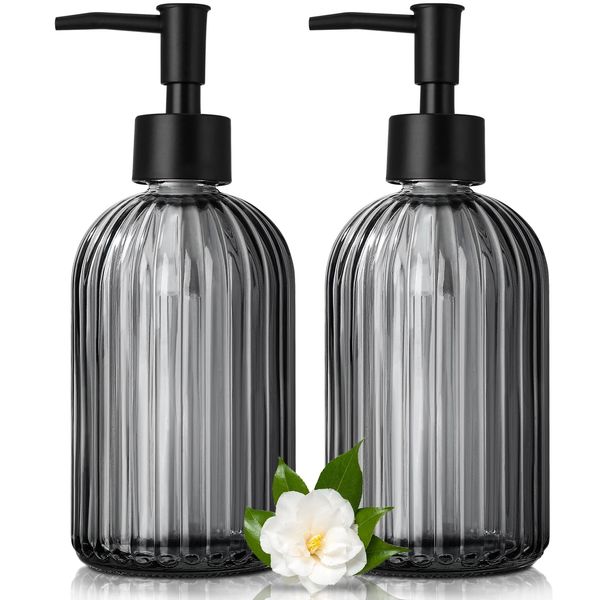 GMISUN Seifenspender Glas, 425ml Seifenspender Schwarz, 2 Stück Seifenspender Bad Mit Pumpe, Modern Gestreifter Spülmittelspender Küche, Seifenspender Set, Pumpspender, Flüssigseifenspender