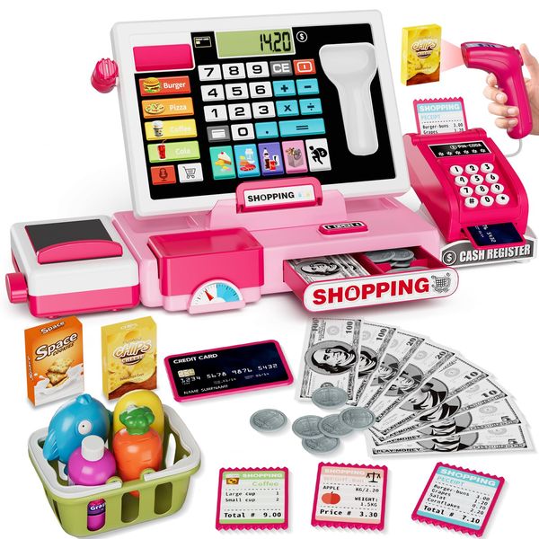 HYES Kids Cash Register Toy Playset with Real Calculator, Toddler Pretend Play Store incl Scanner/Credit Card/Play Money/Conveyor/Food Toys, Learning Toys Gifts for Girls Ages 4-8 8-12, Pink