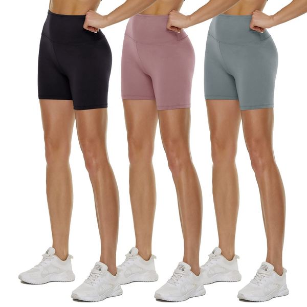 TNNZEET 3er Pack Radlerhose Damen High Waist Shorts Blickdicht Kurze Sporthose Leggings für Sport(Hellgrau/Hautfarbe/Schwarz, L-XL)