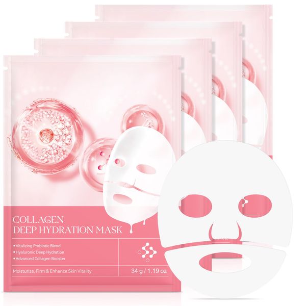 HUYEHF Collagen Face Mask, Hydrating Overnight Hydrogel Mask, Pore Minimizing, Elasticity Improvement, Firming, Moisturizing-4 Pack