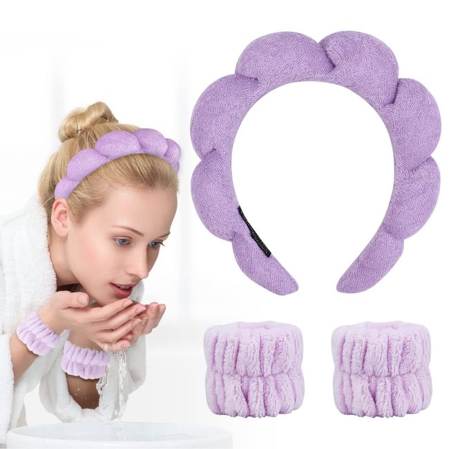 Bekecidi 3 PCS Spa Headband Wrist Washband Set, Makeup Headband and Wristband for Face Washing Skincare Microfiber Wrist Wash Towel Band Hair Bands Hair Accessories for Women Girls (Purple)