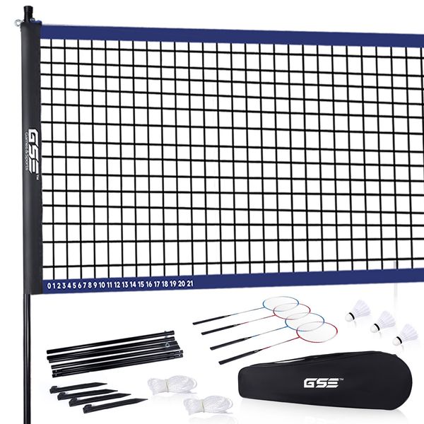 Outdoor Yard Portable Badminton Complete Set w/Net, 4 Rackets & 3 Shuttlecocks