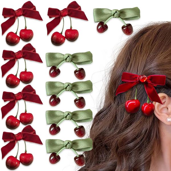 KuuGuu 10 PCS Cherry Bow Hair Clip Rhinestone Velvet Alligator Clips Fashion Non-slip Ponytail Hair Barrettes Cute Cherry Creative Hairpins for Women Girls Teen Winter Daily Christmas Hair Accessories