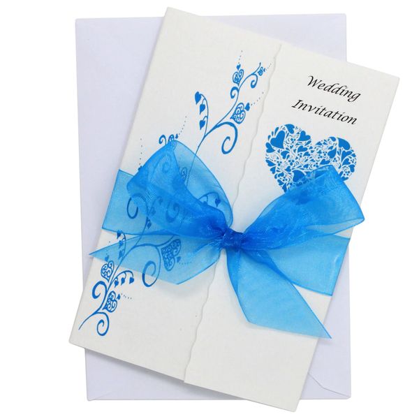 Pack of 10 Turquoise Wedding Invitations with ribbon and envelopes- Gatefold style!