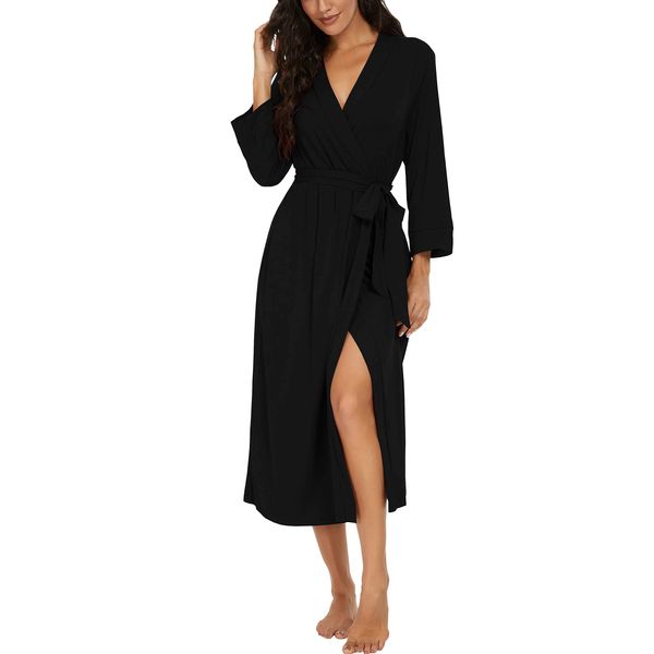 PrinStory Women Kimono Robes Long Knit Bathrobe Soft Womens Dressing Gowns V-Neck Sleepwear Casual Ladies Loungewear (Black, M)