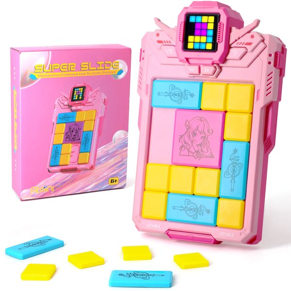 AtMini Super Slide Sliding Puzzle with 2000 Puzzles, Patience Games for Children, IQ Puzzler Pro, Travel Games Birthday for Boys and Girls, Handheld Game Console for All Ages (Pink Warrior)