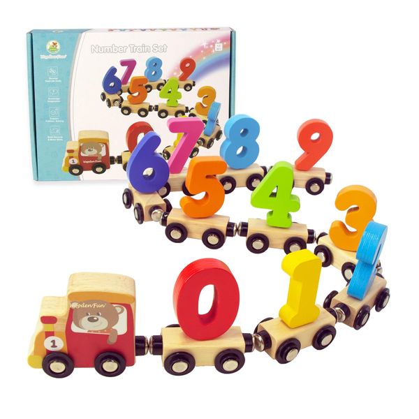 WOODENFUN Number Train Set for 1 2 3 Year Olds, Educational Toy Cars for Toddlers, Montessori Learning Toys for Boys and Girls (Red)