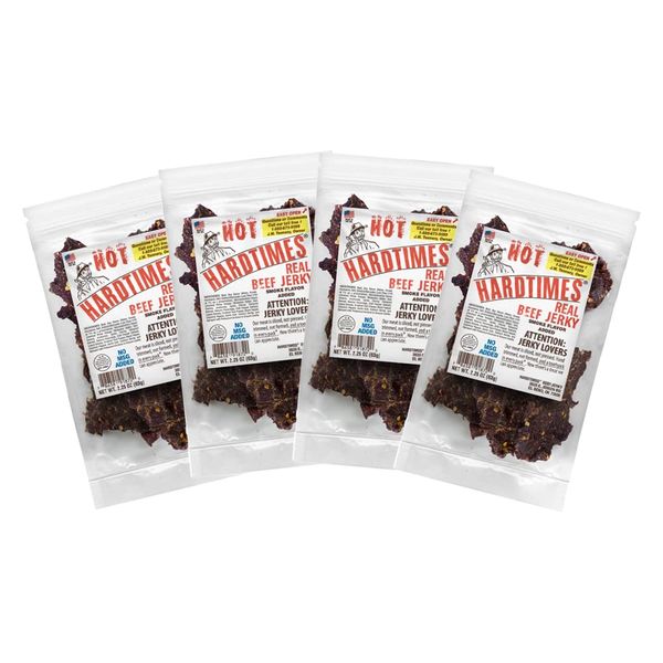 Hardtimes Handcrafted Beef Jerky - Hot Flavor - 4 Pack of 2.25 oz. Bags