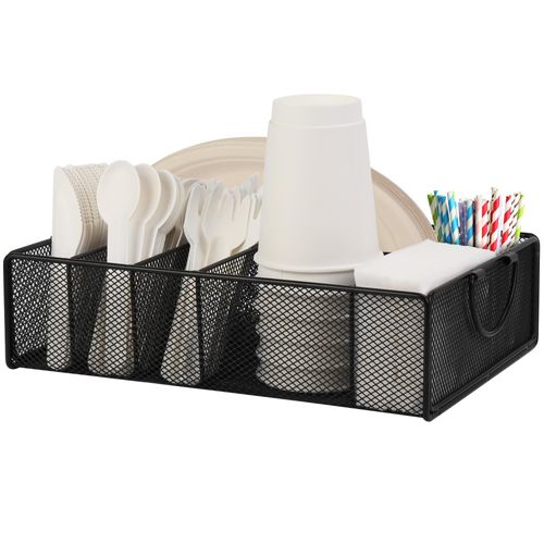 Paper Plate and Utensil Holder Caddy, Metal Silverware Utensil Caddy for Party, Camping, Picnic with 6 Compartments & Handle, Outdoor Cutlery Holder for Cup, Napkin, Paper Plates, Plastic Silverware