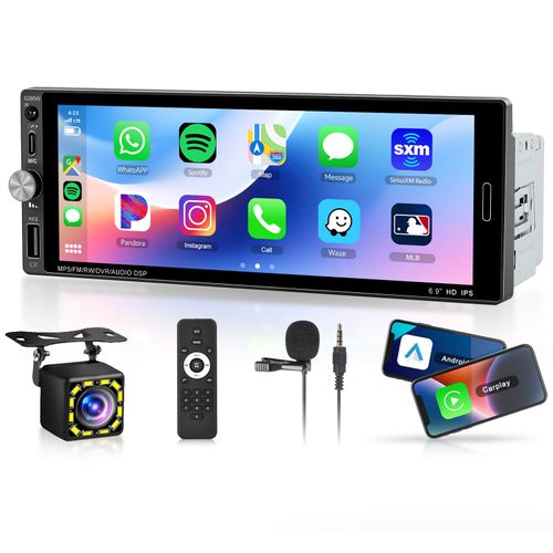 Single Din Car Stereo with Wireless Carplay Android Auto-2025 Upgraded Bluetooth 5.2 Type-C Dual Mic 6.9 Inch IPS Touch Screen Car Radio with Backup Camera Mirror Link FM USB EQ SWC