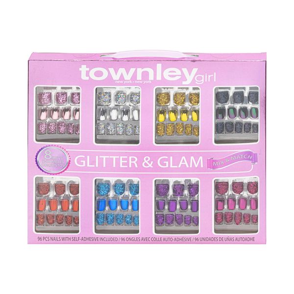 Townley Girl 96 Pcs Glitter-Glamup & Metallic Press-On Nails Artificial Fake False Nails Set for Tweens with Pre-Glue Full Cover Acrylic Nail Tip Kit, Great for Gifts, Parties, Sleepovers and Makeovers