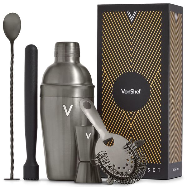 VonShef Cocktail Shaker Set, Graphite 5pc Set with 550ml Manhattan Cocktail Shaker, Professional Bartender Set for Home Bar, Including Strainer, Muddler & Other Bar Accessories, Gift Box Included