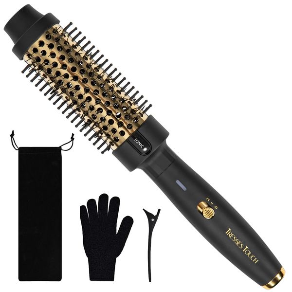 Thermal Brush 1.5" Thermal Hair Brush Blowout Look, Ionic Heated Round Brush with 2 Settings, Long Lasting Dual Voltage Curling Brush, Thermal Round Brush for Loose Curls, Gold Updated